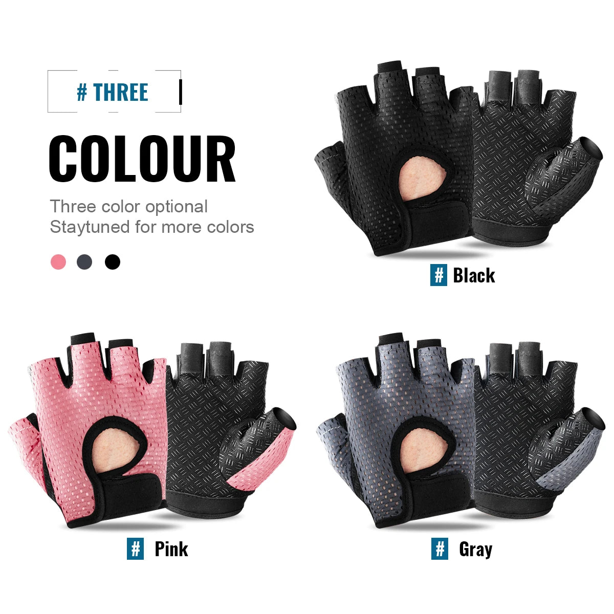 Three pairs of gloves in black, pink, and gray on a white background.