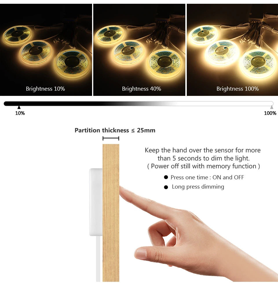 Under Cabinet COB LED Strip - Dimmable Touch Sensor Light