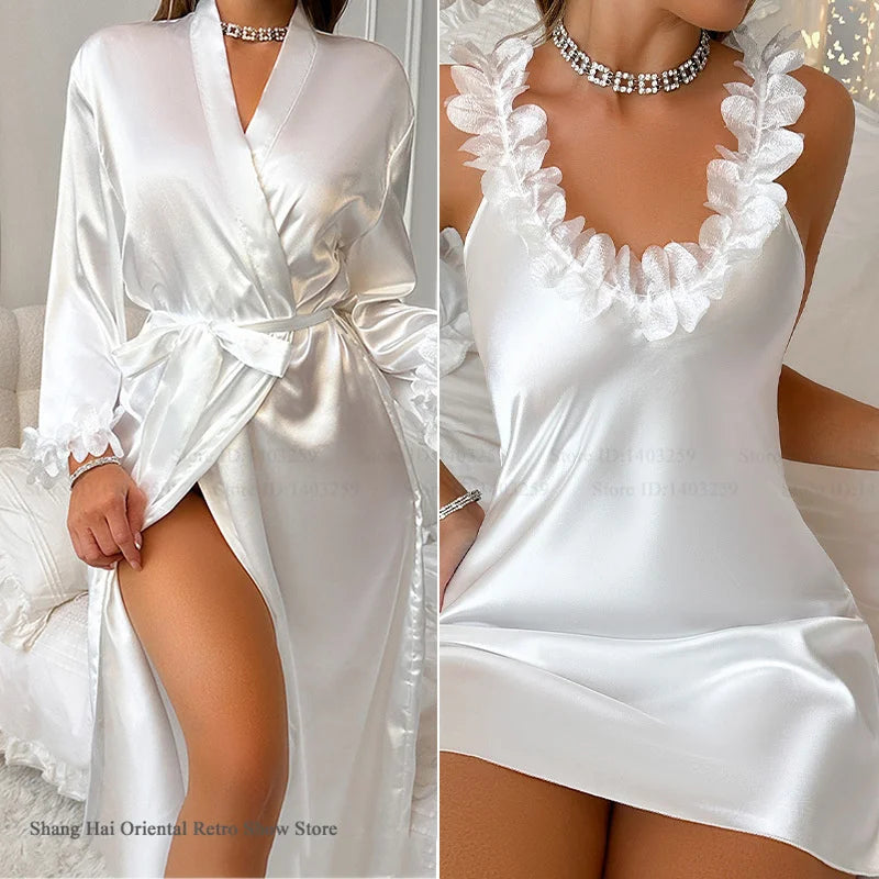 2-Piece Lace Kimono Robe Set - Silk Satin Nightgown