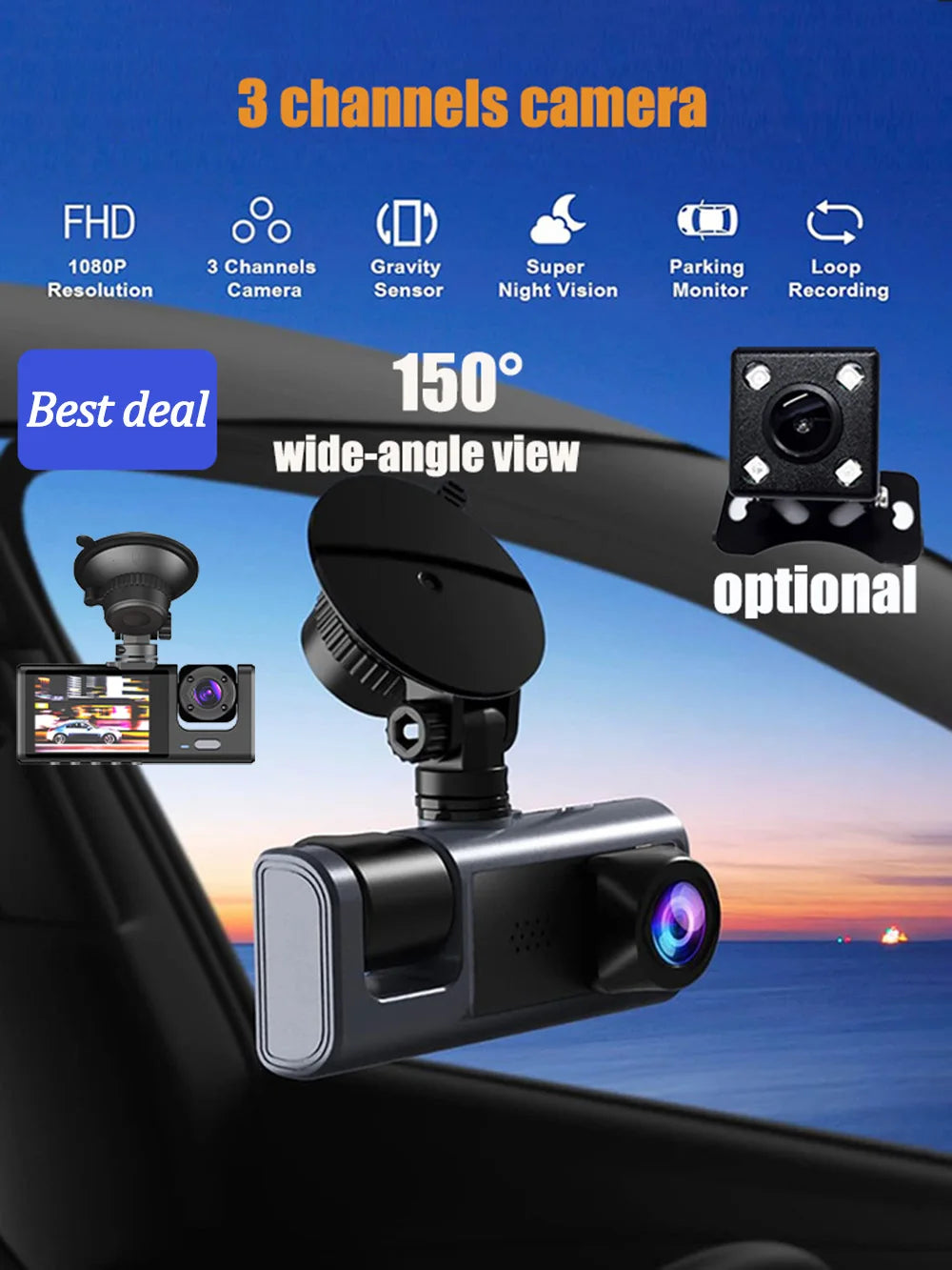 Caméra embarquée DVR 1080p avec 3 caméras | Vision nocturne | GPS