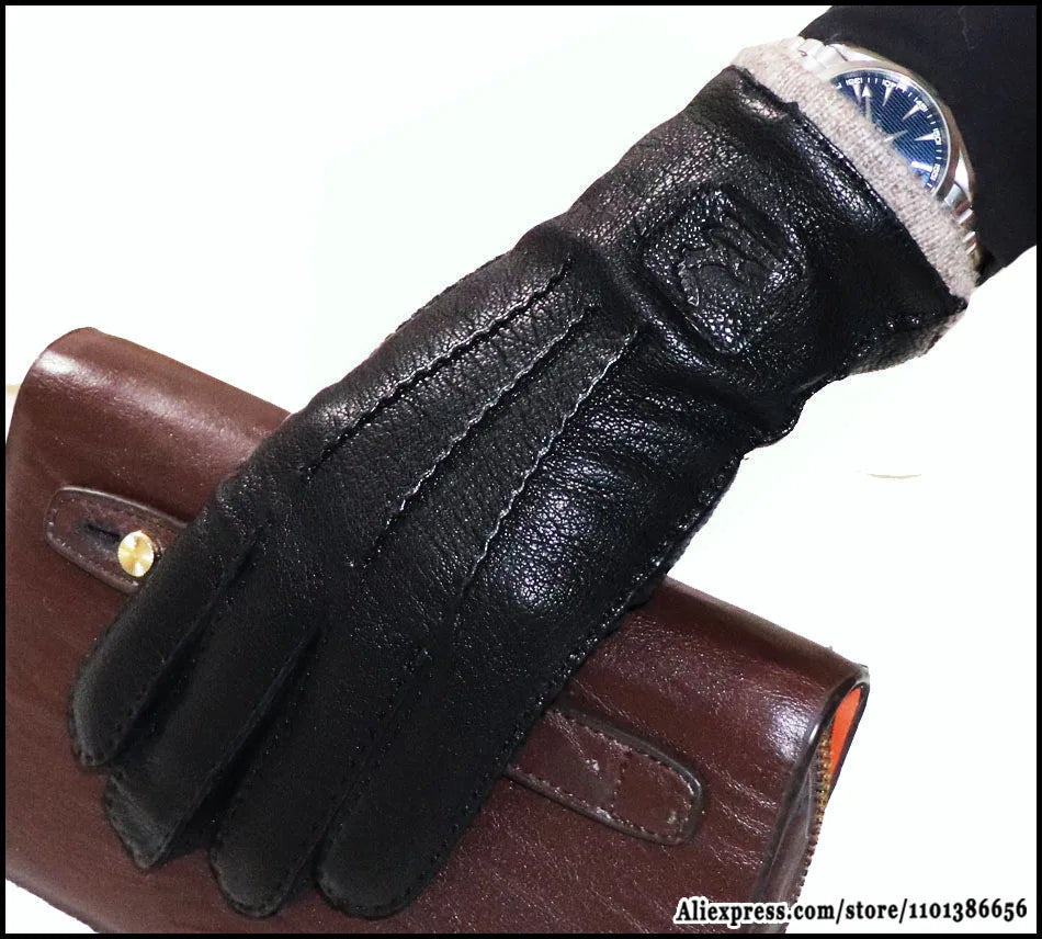 Guantes de piel auténtica de ciervo con textura - Unisex con forro de lana
