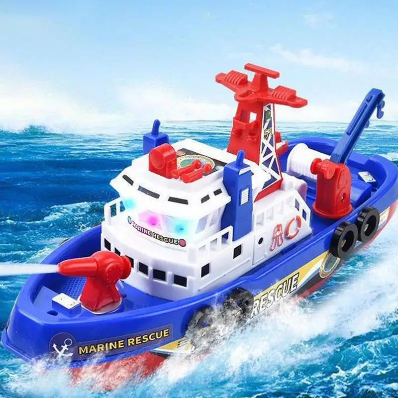 Toy marine rescue boat with red and blue colors on a blue water background