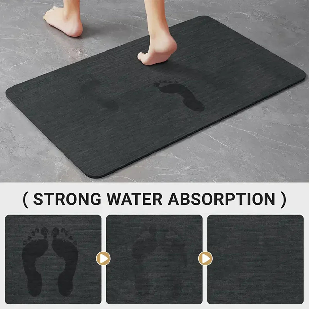 Black mat with footprints on a gray floor, emphasizing strong water absorption.