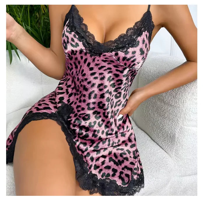 Lace Trim Leopard Nightdress - V-Neck Backless Slip Dress