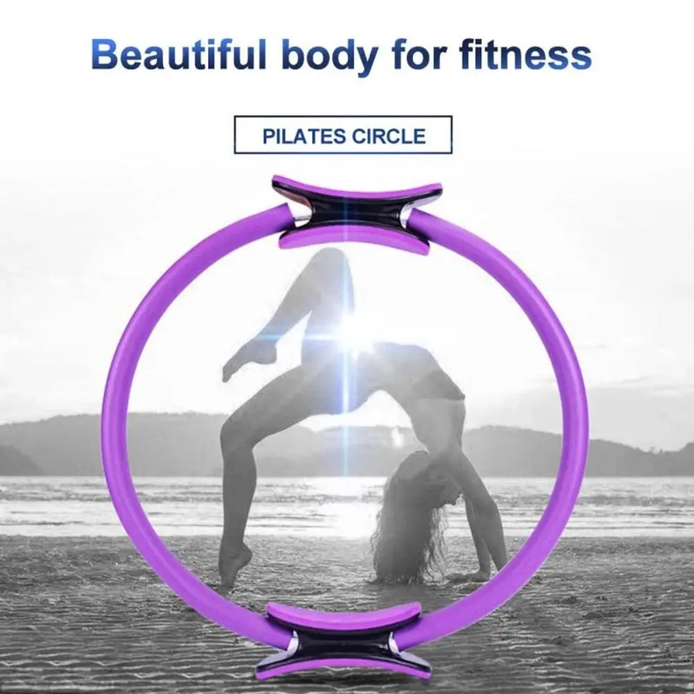Purple Pilates circle with a person exercising on a beach in the background