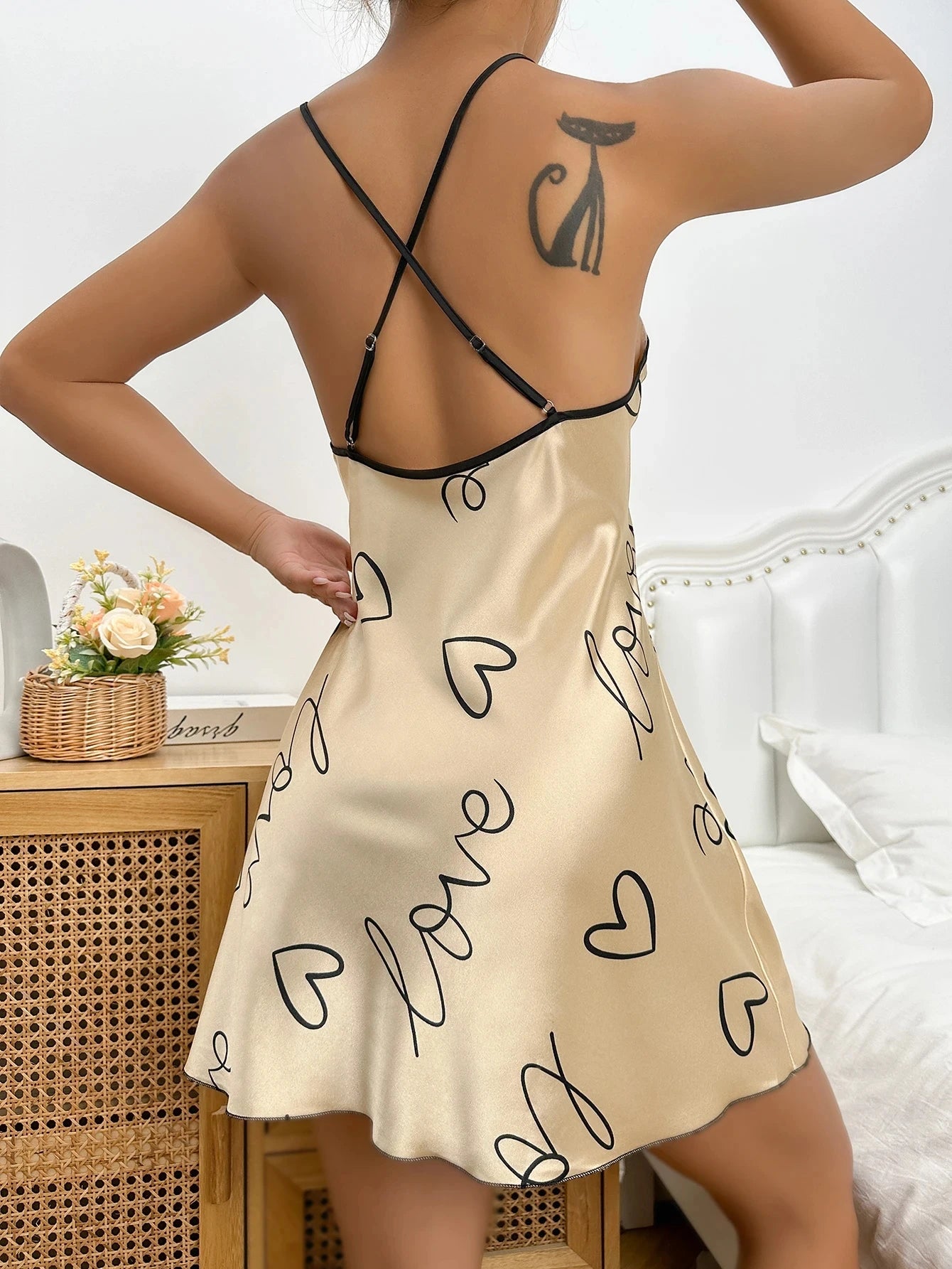 Heart Print Satin Nightdress - Criss Cross Back Sleep Dress
