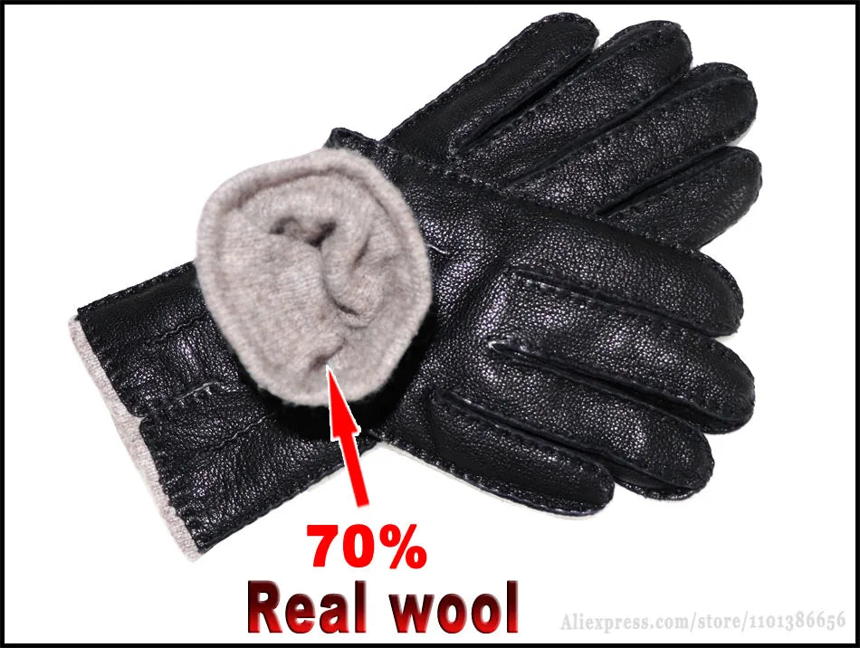 Guantes de piel auténtica de ciervo con textura - Unisex con forro de lana