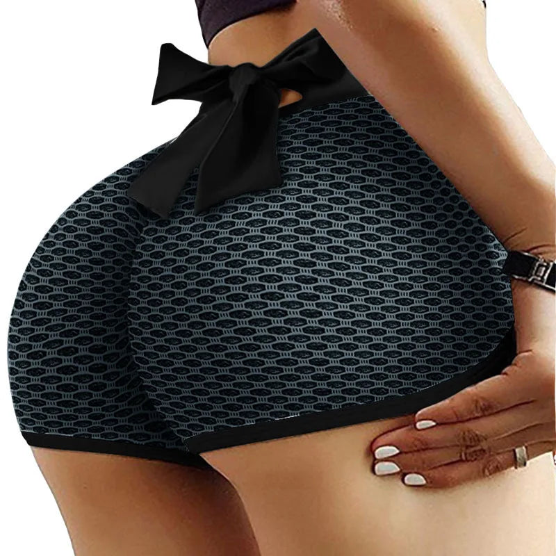 Checkered High Waist Yoga Shorts - Honeycomb Fitness Shorts with Bow