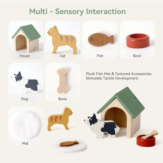 Collection of wooden toys for multi-sensory interaction on a white background