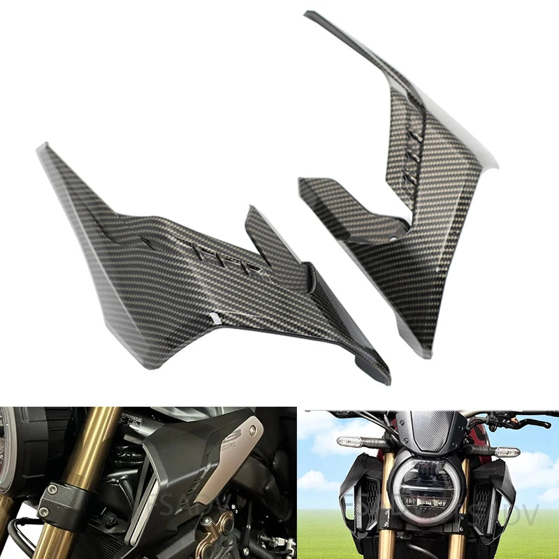 Carbon fiber motorcycle fairing on a white background with inset images of a motorcycle.