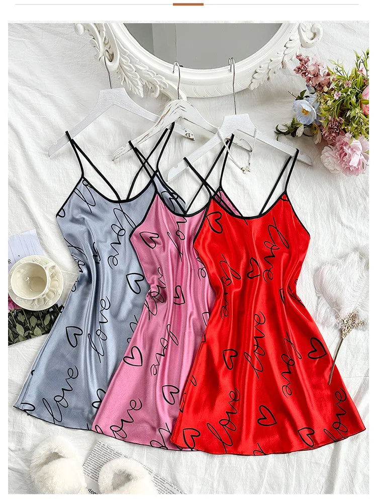 Heart Print Satin Nightdress - Criss Cross Back Sleep Dress