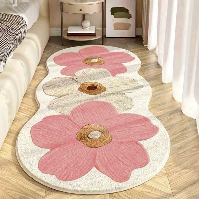 Nordic Style Floral Area Mat - Blue and Beige Bedroom Rug