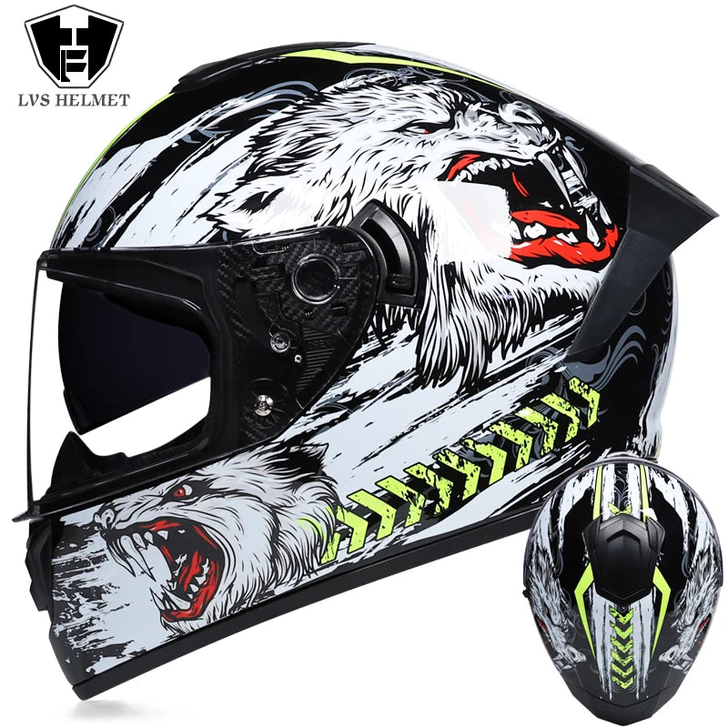 Full Face Racing Motorcycle Helmet - Winter Warm Double Visor