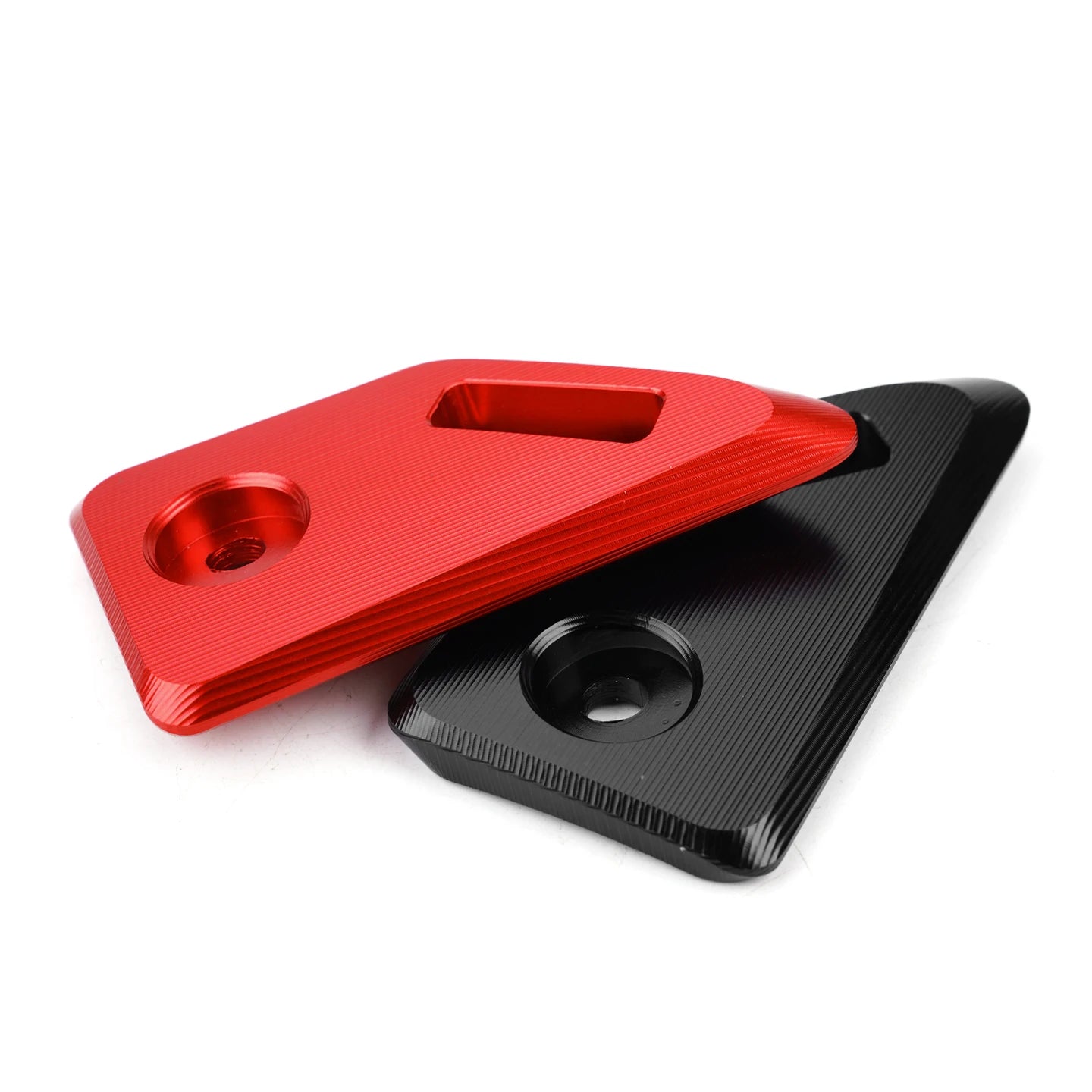 Red and black triangular objects on a white background