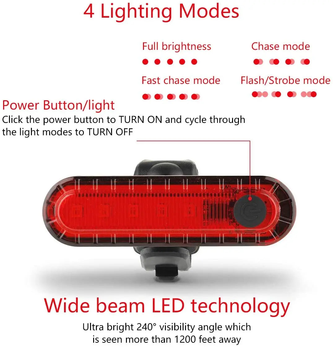 Bicycle light with 4 lighting modes and power button on a white background