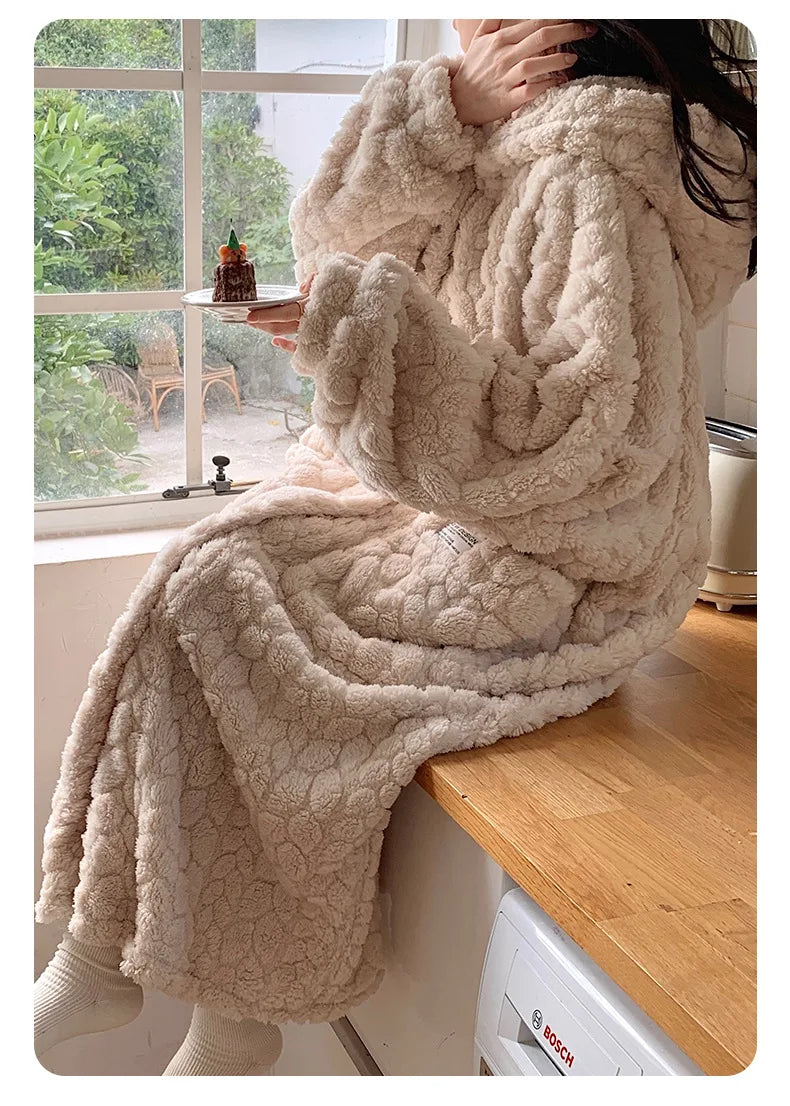 Winter Hooded Fleece Robe - Warm Pocket Nightgown