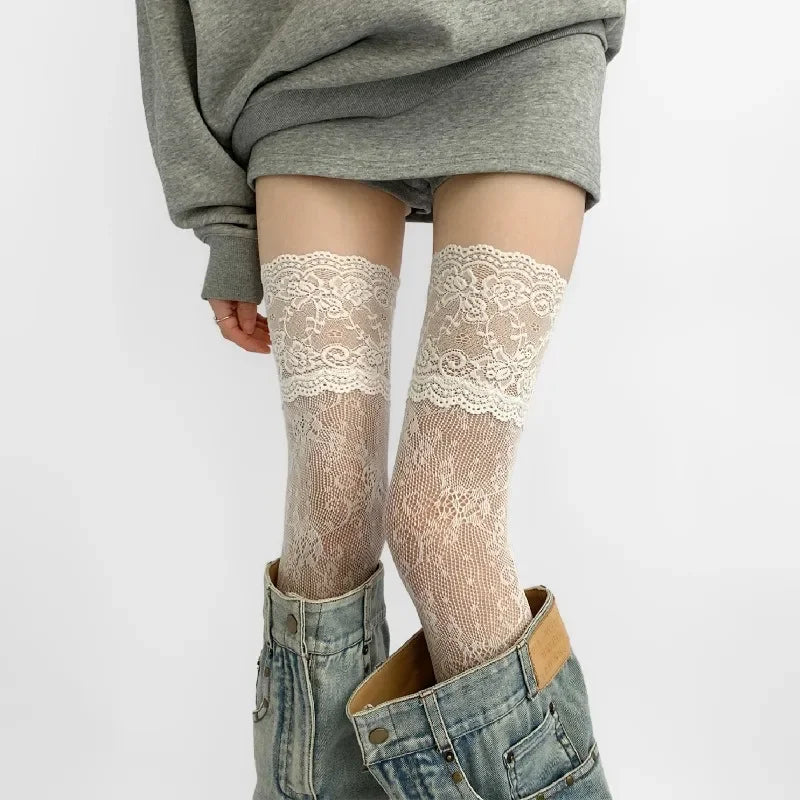 Women's Flower Lace Fishnet Thigh High Stockings - Sweet Frilly Trim