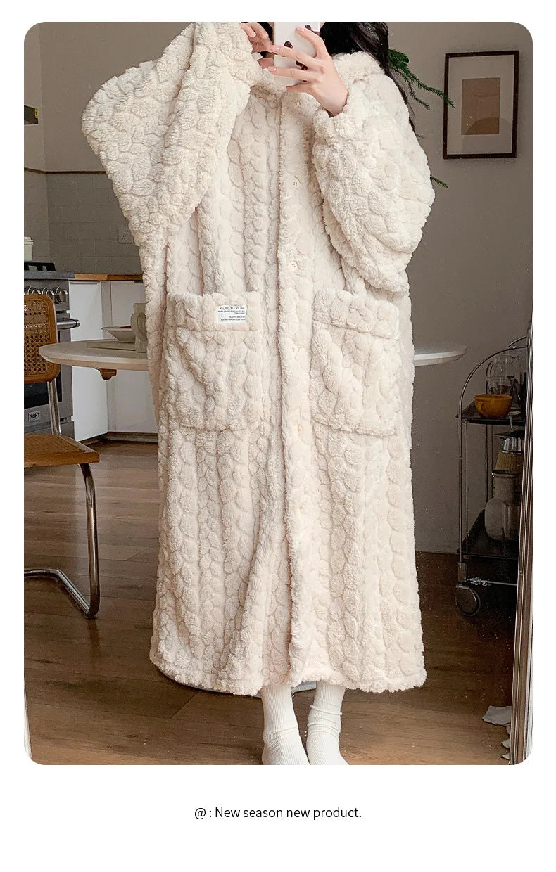 Winter Hooded Fleece Robe - Warm Pocket Nightgown
