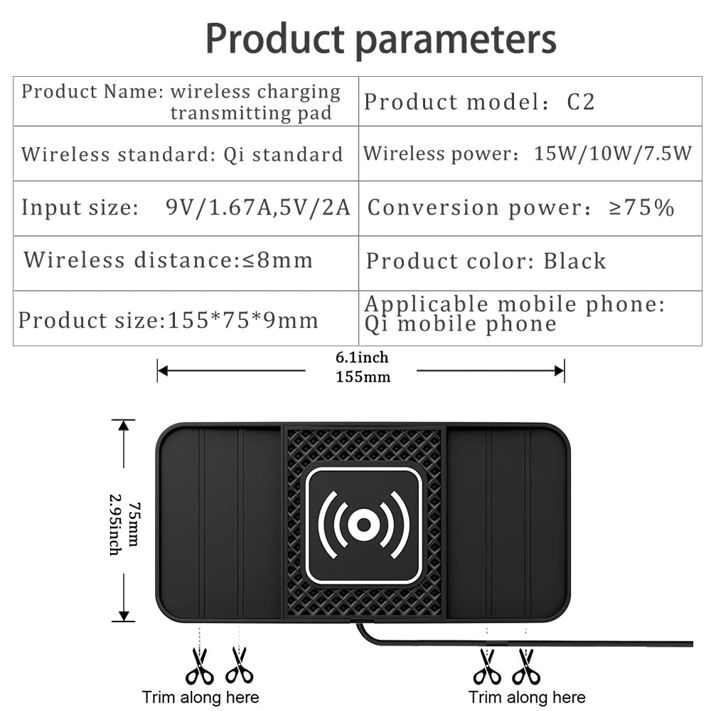 Chargeur sans fil rapide 15 W - Tapis en caoutchouc antidérapant pour le rangement dans la voiture