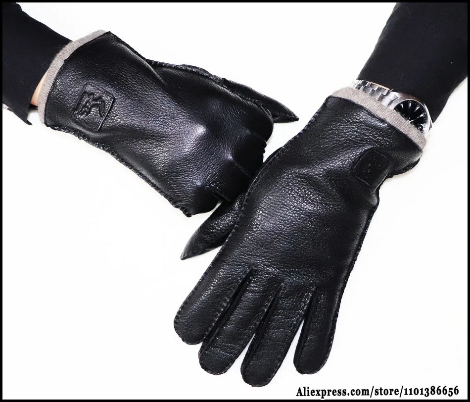 Guantes de piel auténtica de ciervo con textura - Unisex con forro de lana