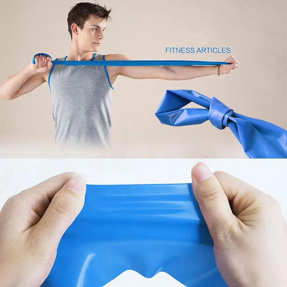 Person using a blue resistance band with close-up of the band's texture.