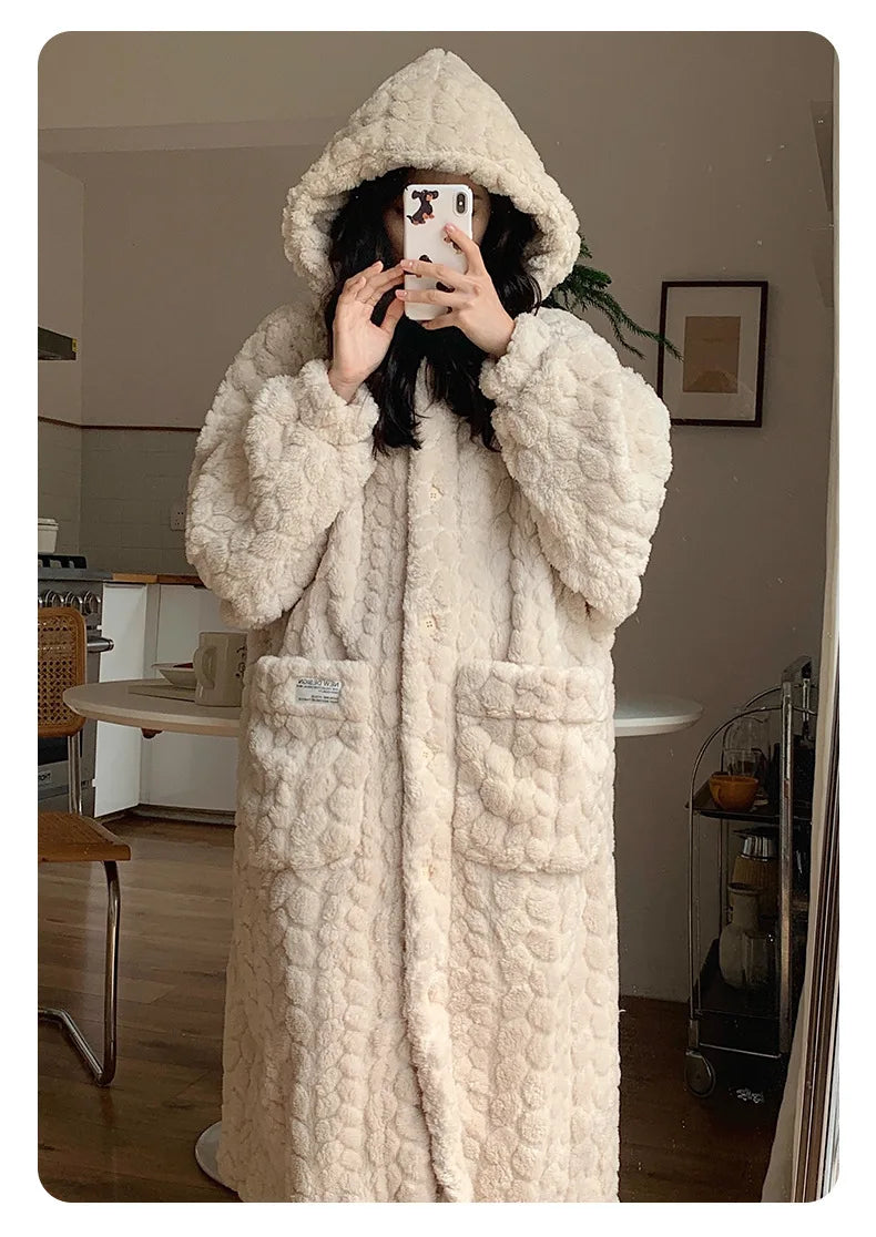 Winter Hooded Fleece Robe - Warm Pocket Nightgown
