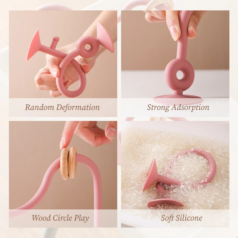Collage of a pink silicone product with text labels on a beige background