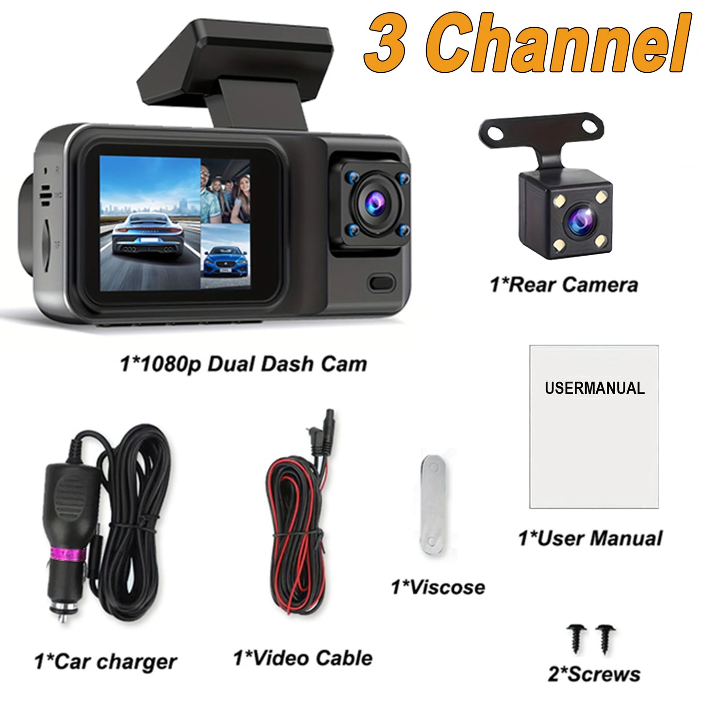 3 Channel Dash Cam for Cars - 1080P Video Recorder