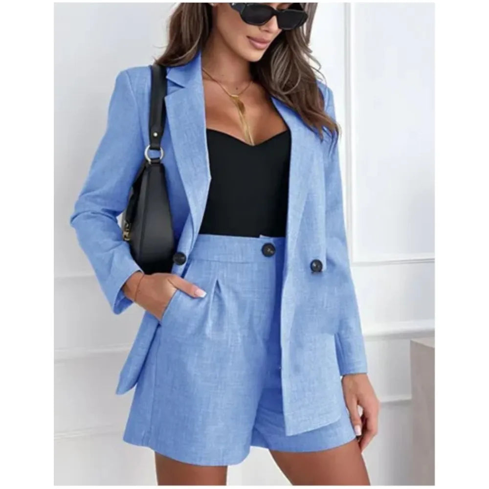 Women's Linen Suit Set - Long Sleeve Blazer & Shorts 2-Piece