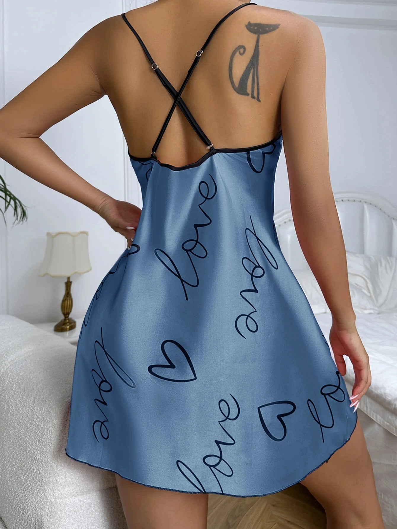 Heart Print Satin Nightdress - Criss Cross Back Sleep Dress