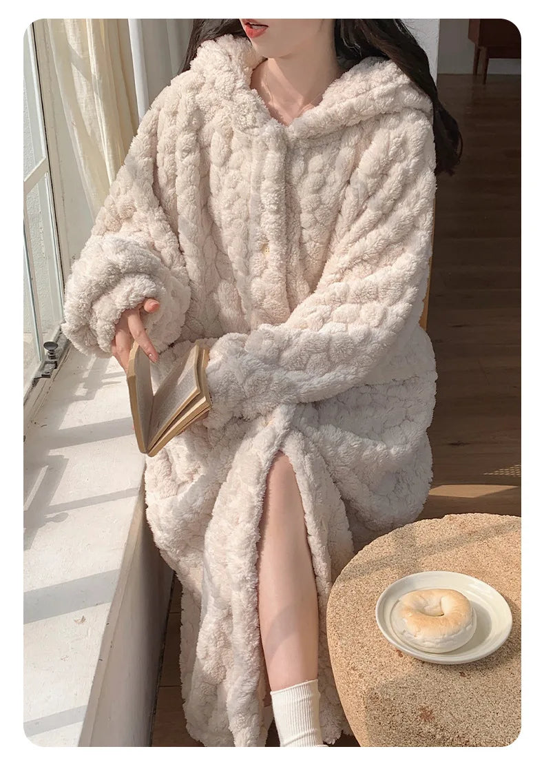 Winter Hooded Fleece Robe - Warm Pocket Nightgown