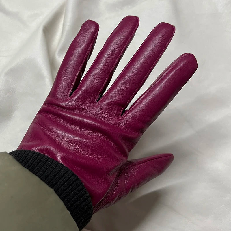 Guantes elegantes de piel de cordero con forro fino para mujer - Piel de oveja auténtica