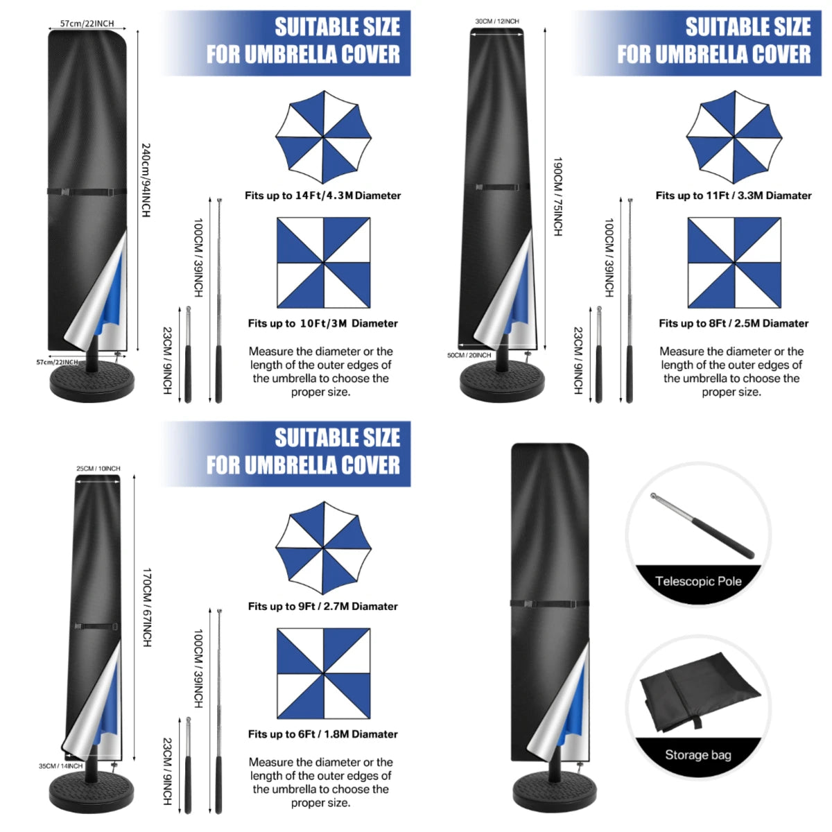 Waterproof Parasol Cover 210D - Garden Umbrella Protection with Zip