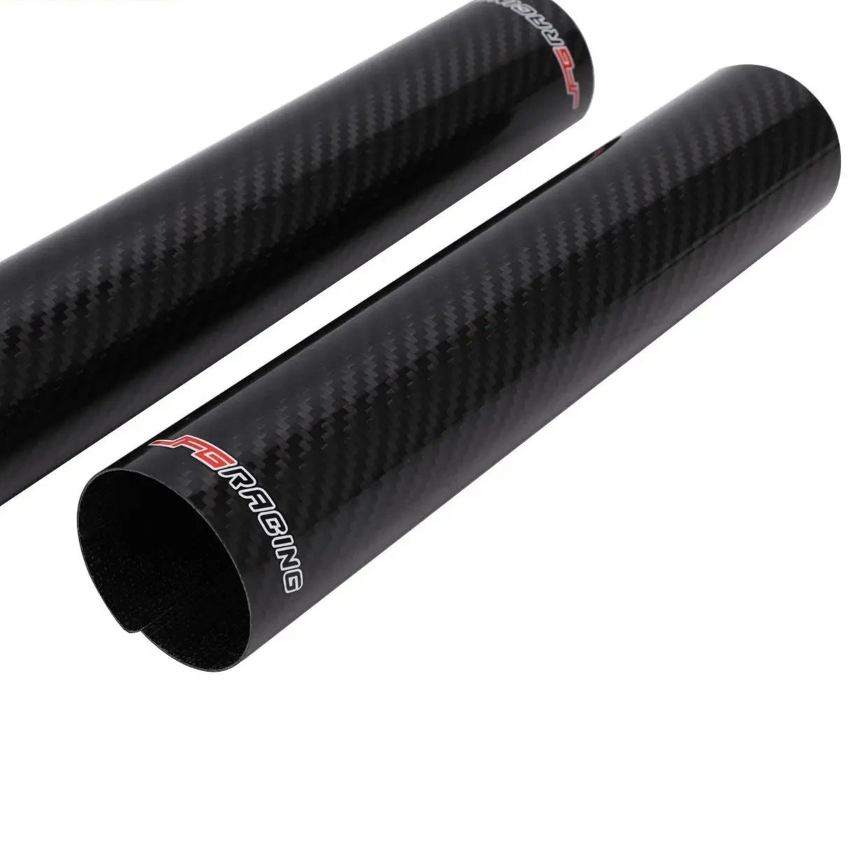 Two black carbon fiber tubes with '5X Racing' branding on a white background.