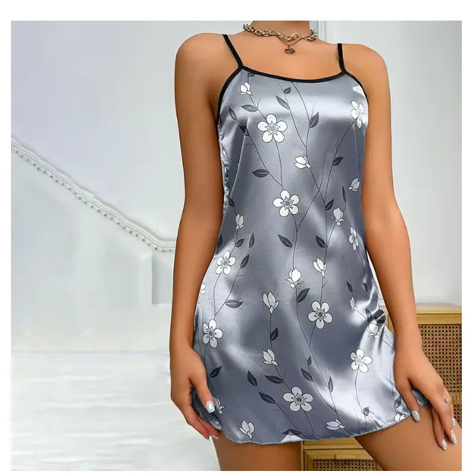 Floral Print Satin Nightgown - Backless Slip Night Dress