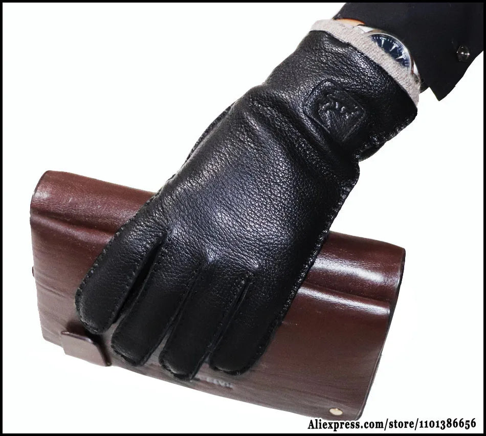 Guantes de piel auténtica de ciervo con textura - Unisex con forro de lana