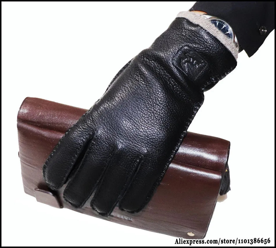 Guantes de piel auténtica de ciervo con textura - Unisex con forro de lana