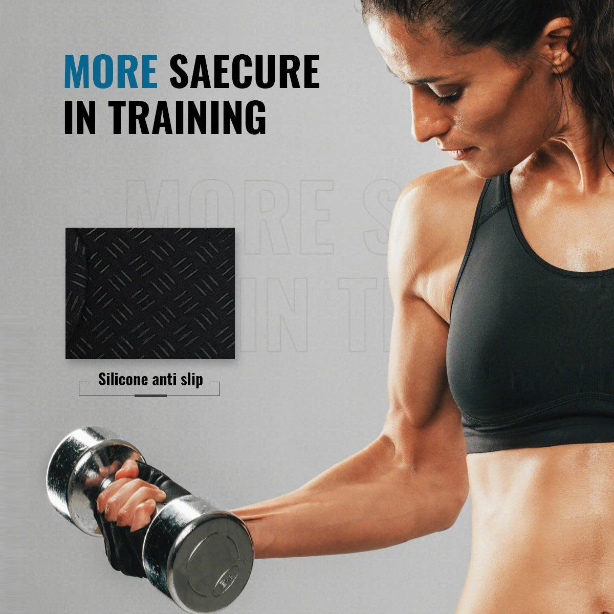 Woman lifting a dumbbell with text about silicone anti-slip material on a gray background