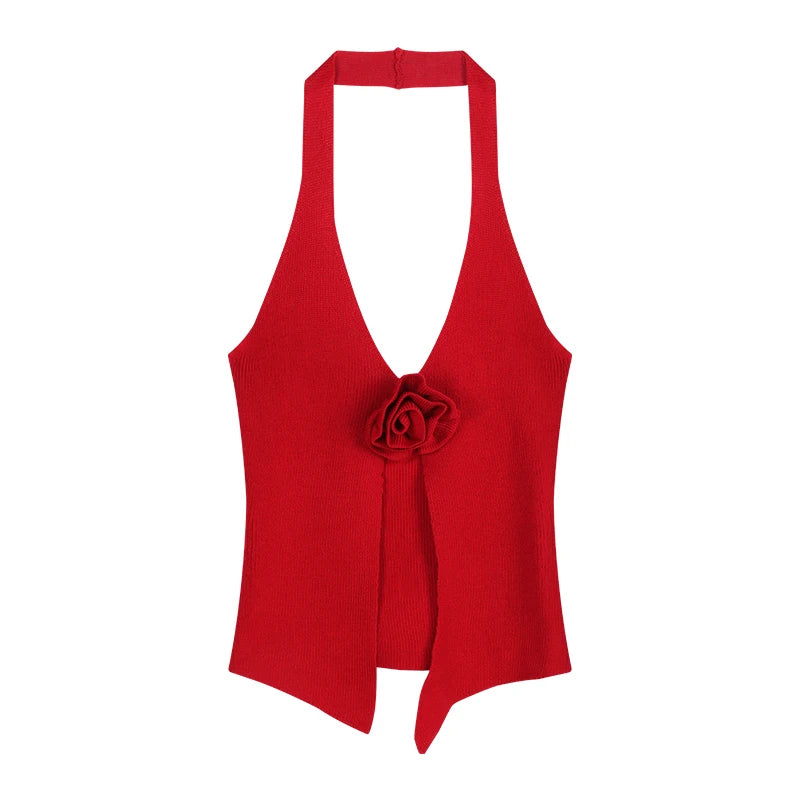 Summer Flower Knitted Camisole - Halter V-neck Tank Top
