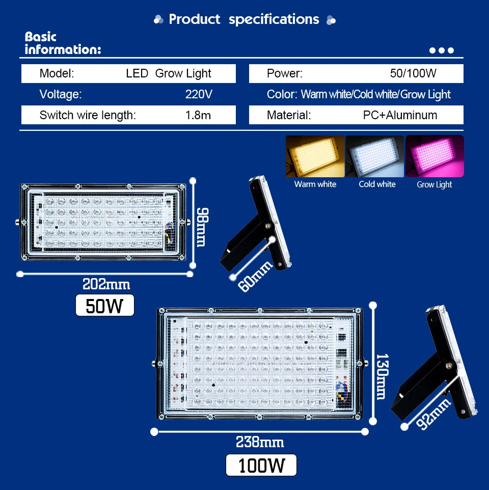 LED Phyto Spotlight 220V - Full Spectrum Hydroponic Plant Light 50W/100W