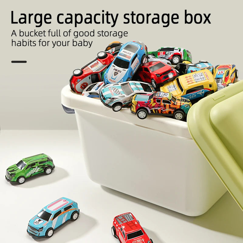 Storage box filled with colorful toy cars on a light background