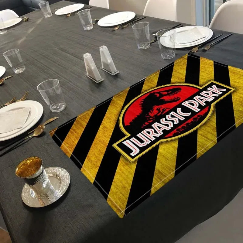 Dining table set with a 'Jurassic Park' themed table runner.