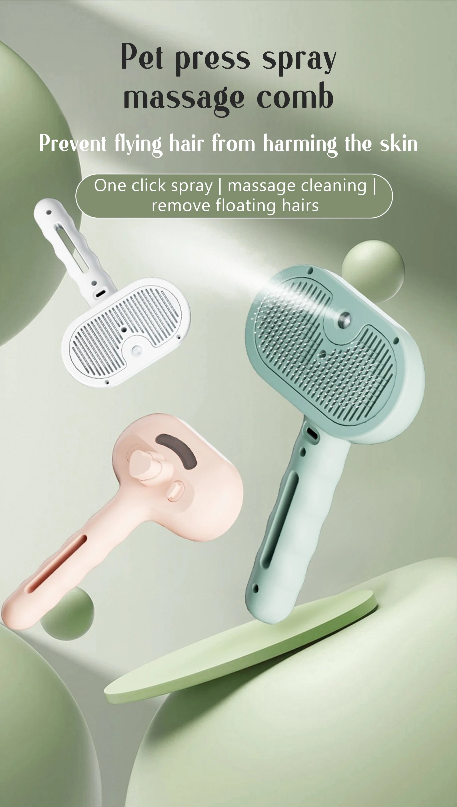 Steam Massage Pet Brush - Safe Round Head with Spray Hair Removal - Bascora