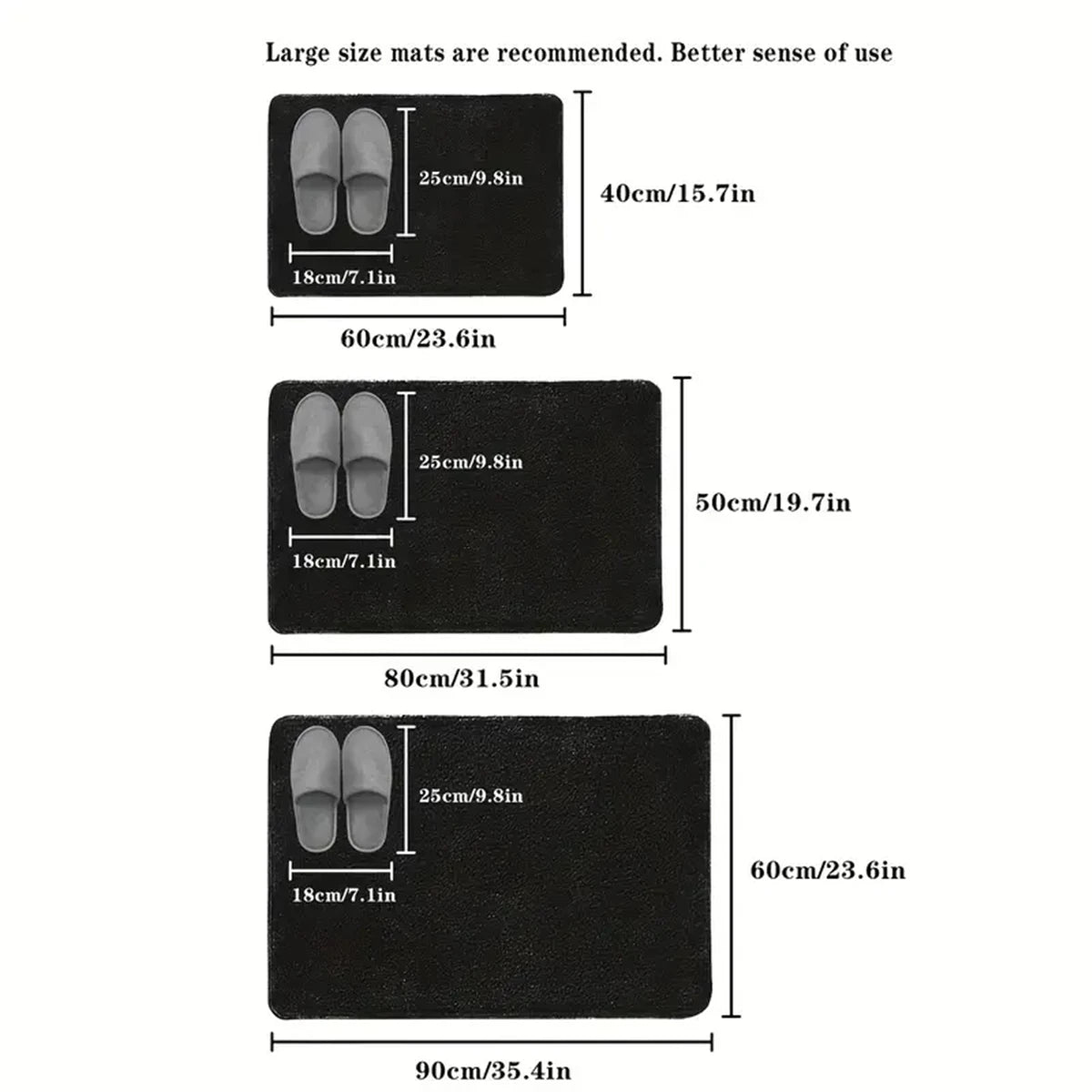 Black slippers with measurements on a white background