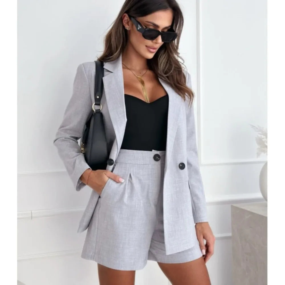 Women's Linen Suit Set - Long Sleeve Blazer & Shorts 2-Piece
