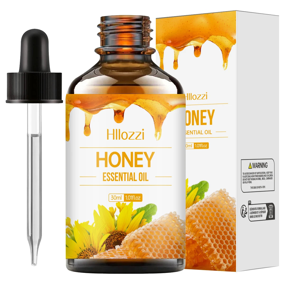Hillozzi Honey Essential Oil bottle with dropper and packaging on a white background