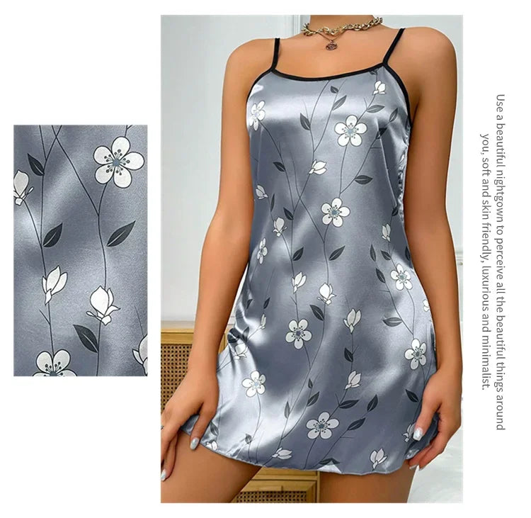 Floral Print Satin Nightgown - Backless Slip Night Dress