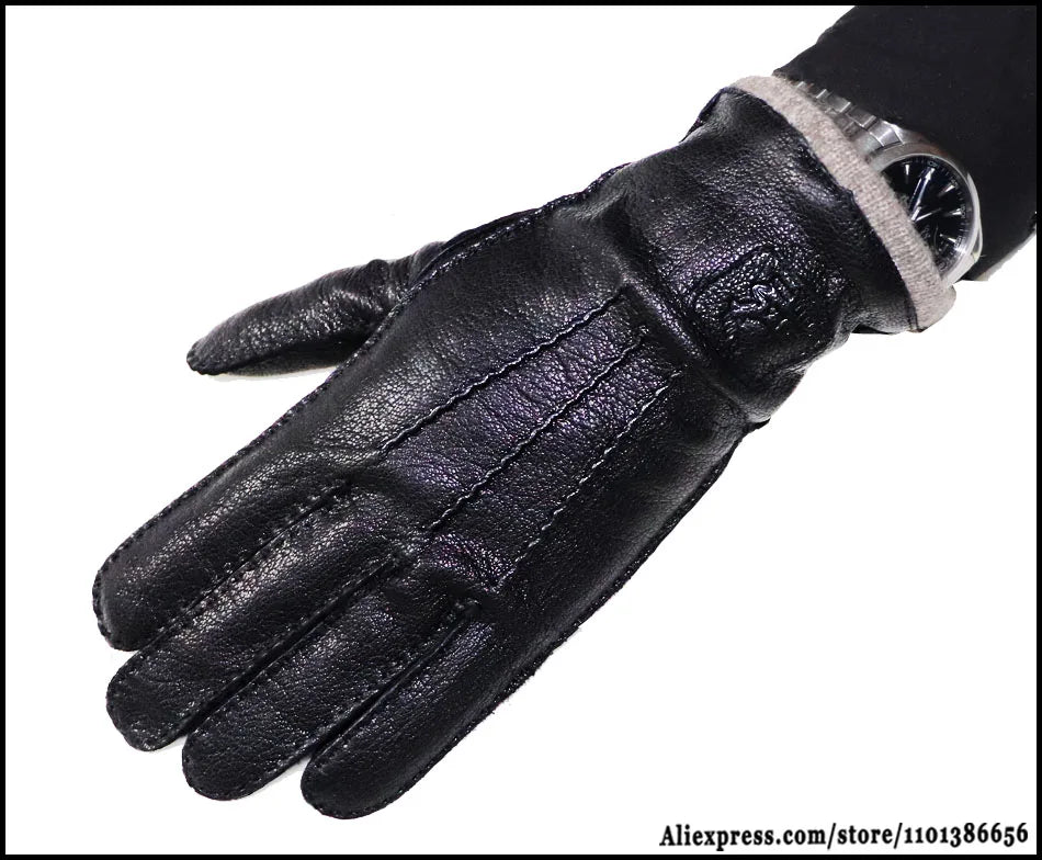 Guantes de piel auténtica de ciervo con textura - Unisex con forro de lana