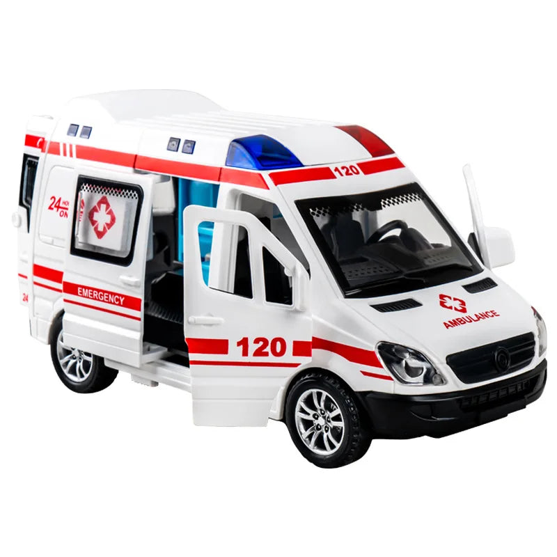 Model ambulance toy with red and blue details on a white background