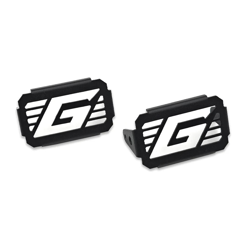 Two black metal brackets with a white logo on a white background
